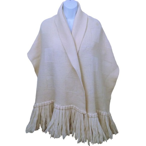 Vintage 70s Knit Shawl Wrap Nicolais Hand-Loomed 62x20" Textured Cubes Fringe - Picture 1 of 10